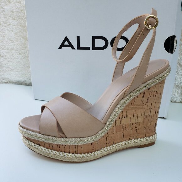 NEW ALDO PLATFORM WEDGE HEELS SANDALS, Leather, Beige, Women's shoes Size 10 - Picture 6 of 11